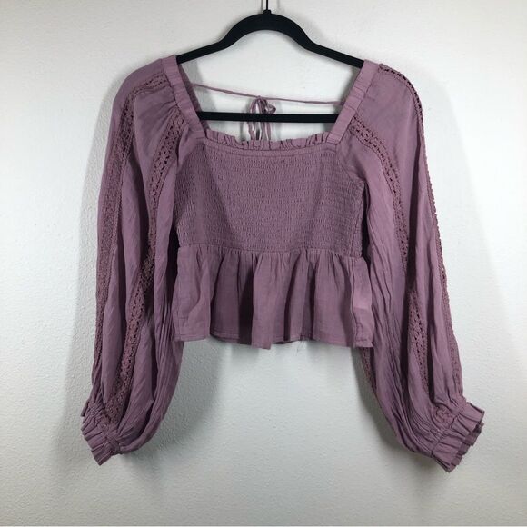 American Eagle Smocked Long Sleeve Purple Top Lace Boho Peasant Ruffle Medium - Picture 1 of 5